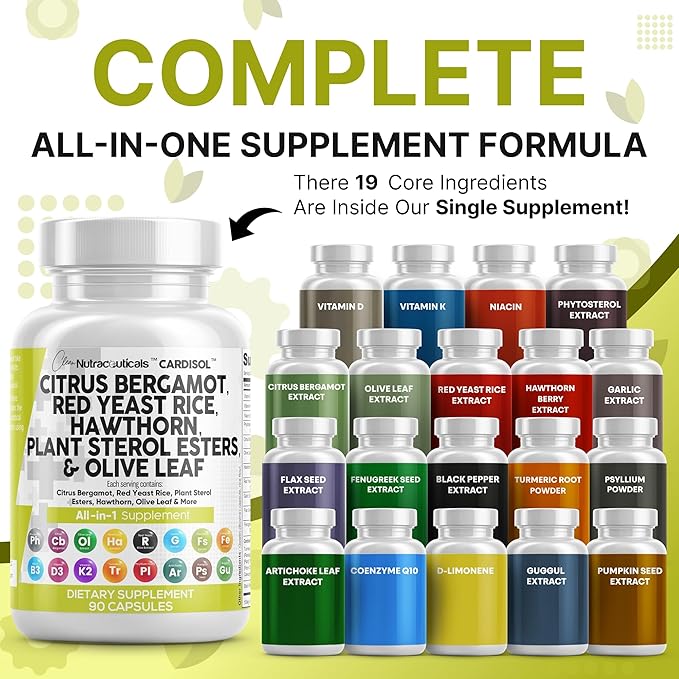 Clean Nutraceuticals Citrus Bergamot Red Yeast Rice Capsules with Plant Sterols - with Hawthorn Extract Olive Leaf Niacin Vitamin K3 D3 COQ10 Guggul &amp More (Pack of 2)