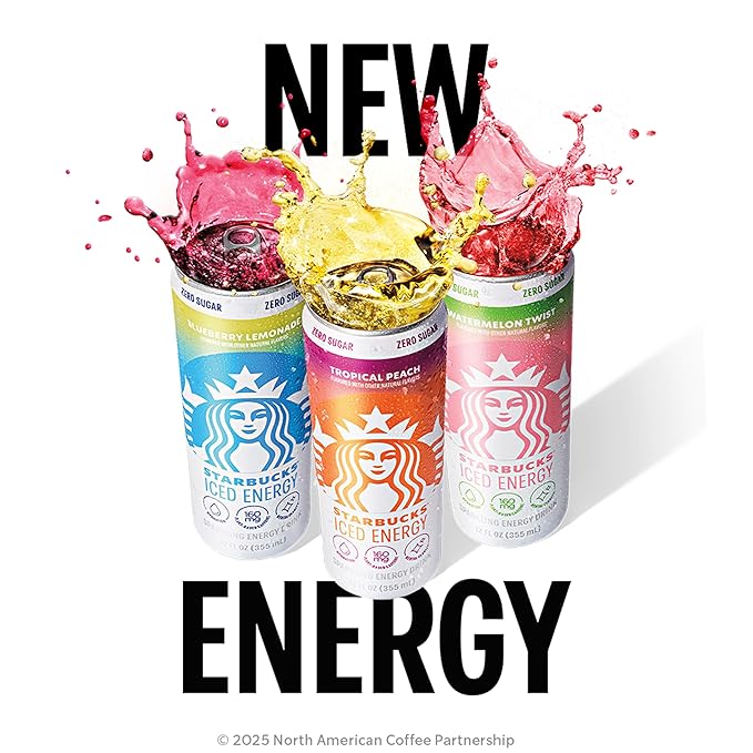 Starbucks Iced Energy Drink 3 Flavor Variety Pack (Tropical Peach Watermelon Splash Blueberry Lemonade) Zero Sugar Energy Drink Plant Based Caffeine Hydration Mental Clarity 12x12 Fl Oz Cans