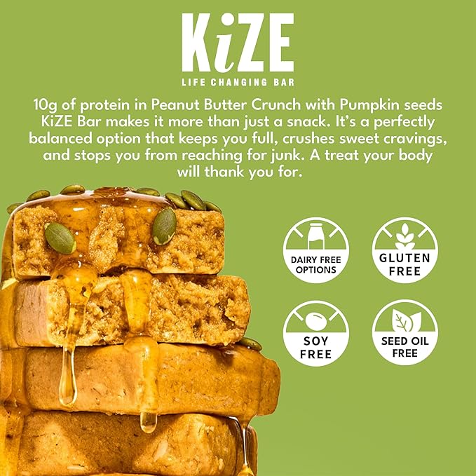 KiZE Energy Bars - Peanut Butter Crunch - Gluten Free Non-GMO and High Protein Meal Replacement Energy Bars Clean and Simple Food Ingredients - 10g High Protein Snacks (10 Count)