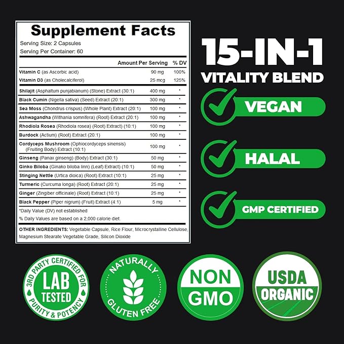 Shilajit for Men and Women-Organic Himalayan Shilajit Capsules with Sea Moss Black Seed Oil Ashwagandha Rhodiola Rosea Burdock Cordyceps Mushroom Ginseng Turmeric Ginger 120 Capsules