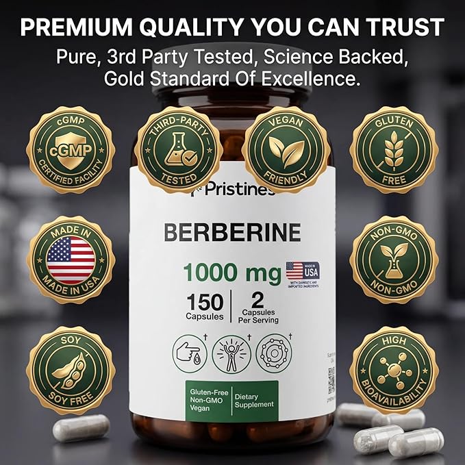 PRISTINE'S Berberine Supplement Capsules - 1000 MG 75 Day Supply 150 Capsules - Heart &amp Immunity Health Support Antioxidant - Digestive Tract &amp Healthy Gut Flora Support