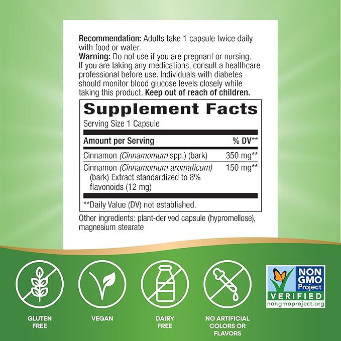 Nature's Way Premium Extract Cinnamon Standardized to 8% Flavonoids 60 Vcaps (Pack of 2)