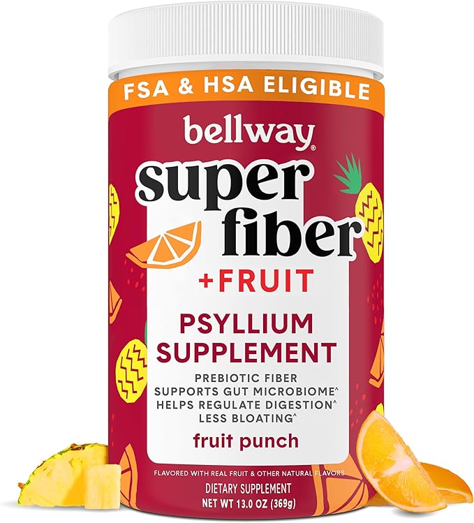 Bellway Super Fiber Powder + Fruit Sugar Free Organic Psyllium Husk Powder Fiber Supplement for Regularity Bloating Relief &amp Digestive Health Plant-Based Fruit Punch (50 Servings)