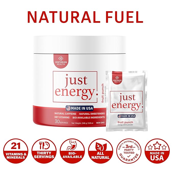 Just Energy Drink Powder Refreshing Fruit Punch Energy Drink Mix with 21 Energy-Boosting Ingredients Includes B Vitamins Choline Zinc Chromium and Inositol 30 Servings