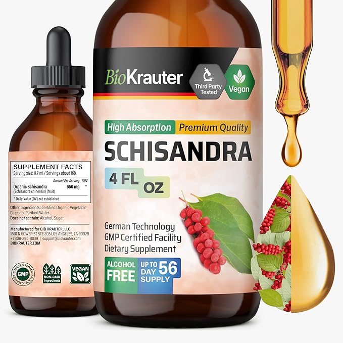 BIO KRAUTER® Schisandra - Liquid Drops Schisandra Berry 650 mg per Serving 4 Fl.Oz 56-Day Supply - Pure Vegan Calm &amp Mood Support Supplement - Alcohol &amp Sugar Free - Natural Calm Drops for Rel