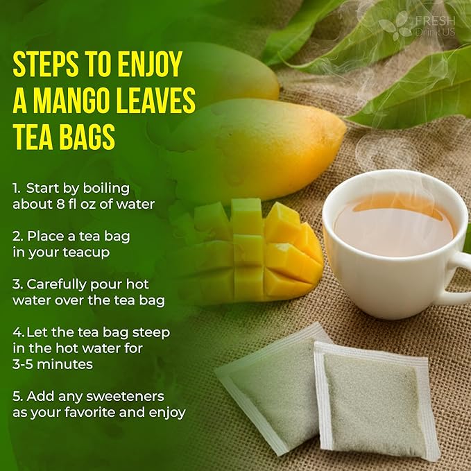 FreshDrinkUS Premium 100 Mango Leaf Tea Bags Hojas de Mango secas 100% Natural &amp Pure Loose Leaf Herbal Tea. Non GMO No Sugar No Caffeine No Gluten Vegan