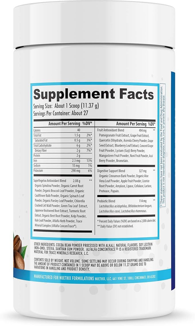 NuEthix Formulations Gourmet Greens Drink Powder Dietary Supplement with Fruit and Vegetable Superfoods and Probiotics Espresso 27 Servings