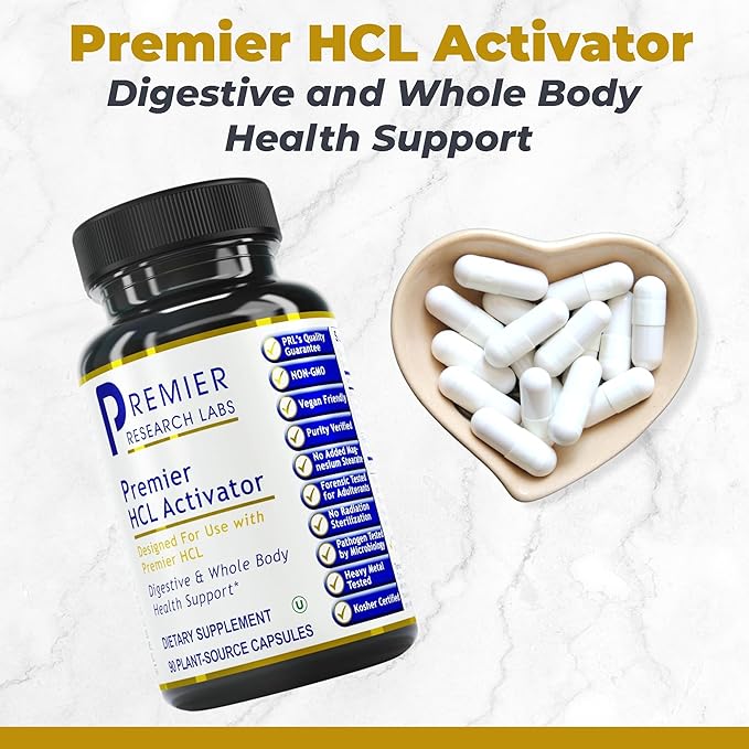 Premier Research Labs Premier HCL Activator - Pepsin Digestive Enzymes Supplement for Optimal Digestive Function for Men &amp Women Low Stomach Acid Nutrient Absorption - 90 Vegetarian Capsules