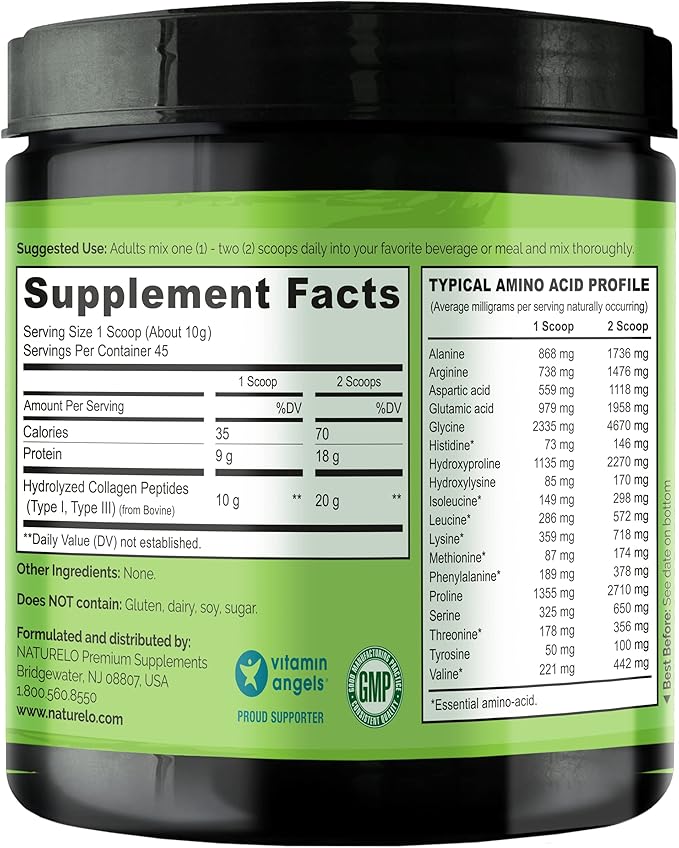 NATURELO Collagen Peptide Powder Hydrolyzed Collagen Type I &amp III Skin Hair &amp Joint Health - Unflavored 16 Ounces | 45 Servings