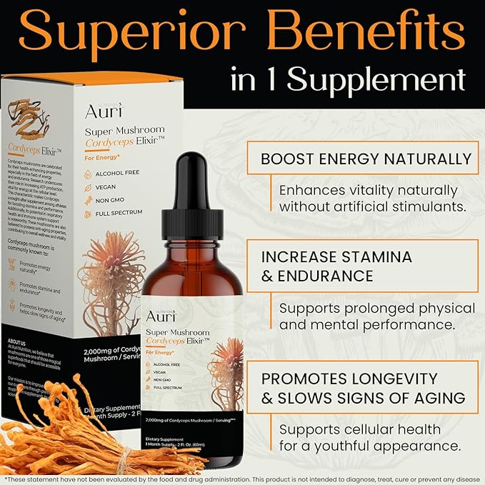 Auri Nutrition Super Mushroom Cordyceps Elixir for Stamina Natural Energy Youthfulness and Longevity with Full Spectrum Support - Cordyceps Tincture 60 ml