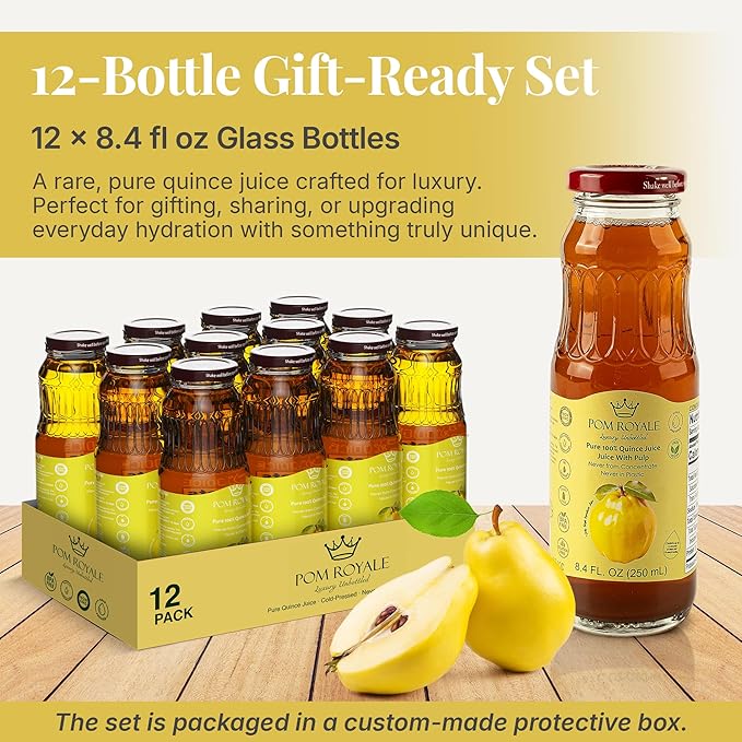 Pure Quince Juice 8.4oz Glass Bottle (Pack of 12) Cold Pressed Juice Not from Concentrate Non-GMO No Sugar Added Gluten Free Kosher Certified Preservative Free