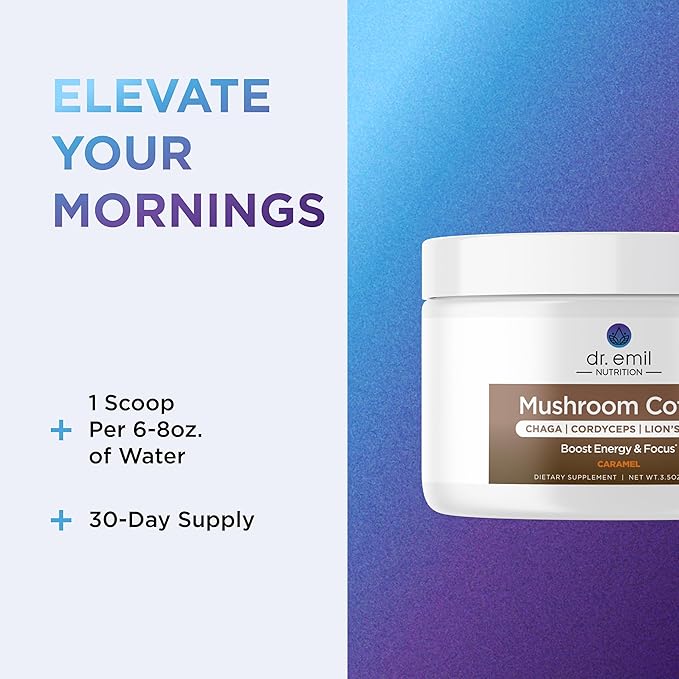 Dr. Emil Mushroom Coffee for Focus &amp Energy - Instant Coffee with Lions Mane Chaga &amp Cordyceps - Delicious Caramel Flavor &amp Potent Mushroom Powder Blend