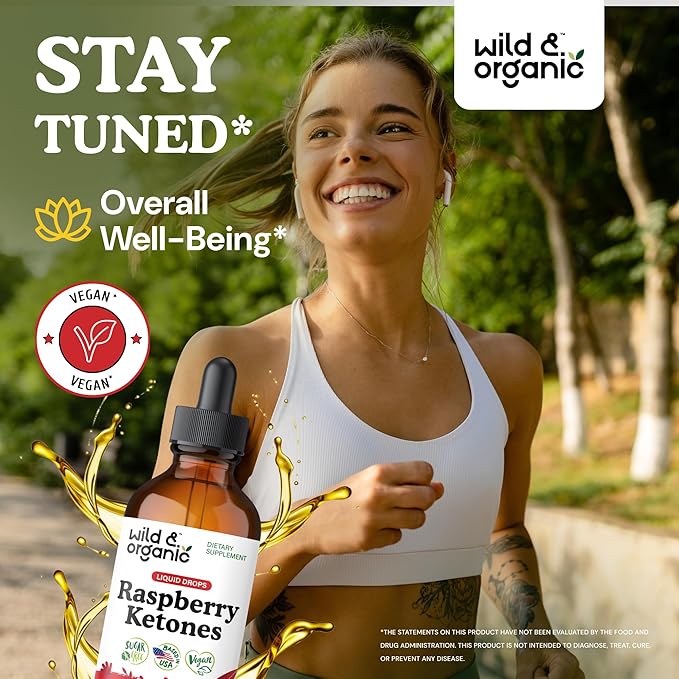 Wild &amp Organic Raspberry Ketones Liquid Drops - Vegan Raspberry Ketones Supplement for Overall Well-Being - 5-Month Supply - Non-GMO No Alcohol &amp Sugar - 4 fl oz