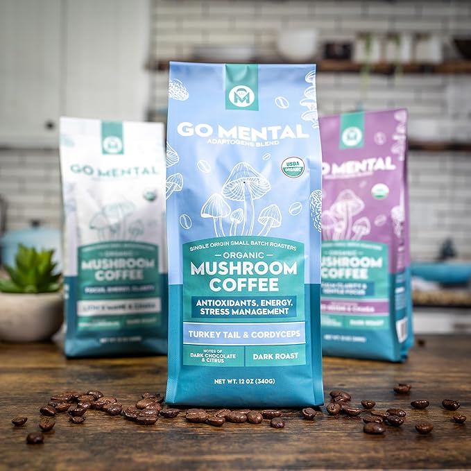 Organic Mushroom Coffee 3 Bag Gift Box Set Lion's Mane &amp Chaga Red Reishi &amp Chaga Decaffeinated Turkey Tail &amp Cordyceps Immune Support &amp Overall Wellbeing Dark Roast 36oz Ground