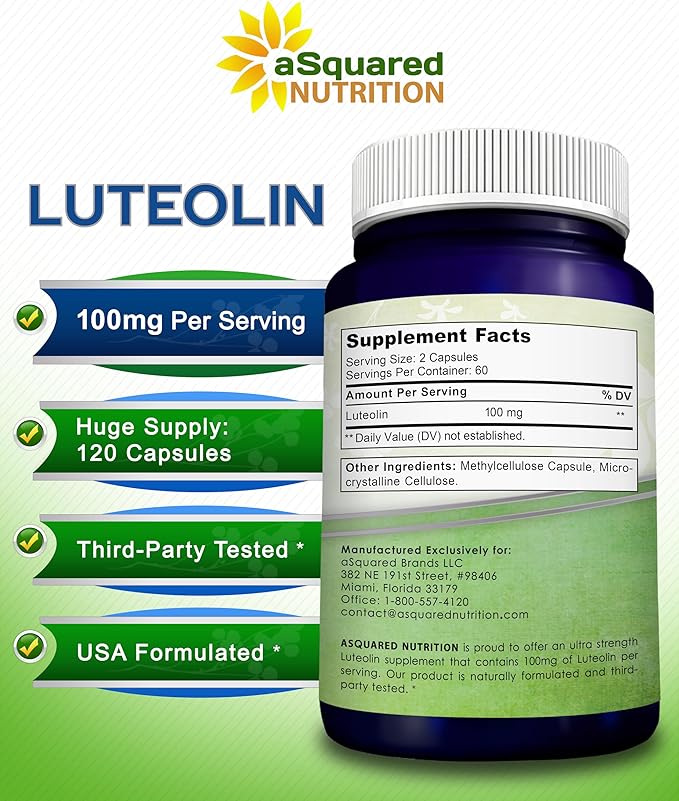 Luteolin 100mg - 120 Capsules - Luteolin Supplement &amp Powder Complex Pills Commonly Taken with Quercetin - Supports Brain &amp Memory Health