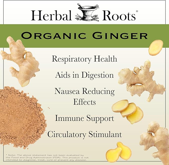 Herbal Roots Ginger Supplement | Organic Ginger Root Capsules | 1200 mg of Pure Ginger Powder per Serving | 60 Vegan Capsules