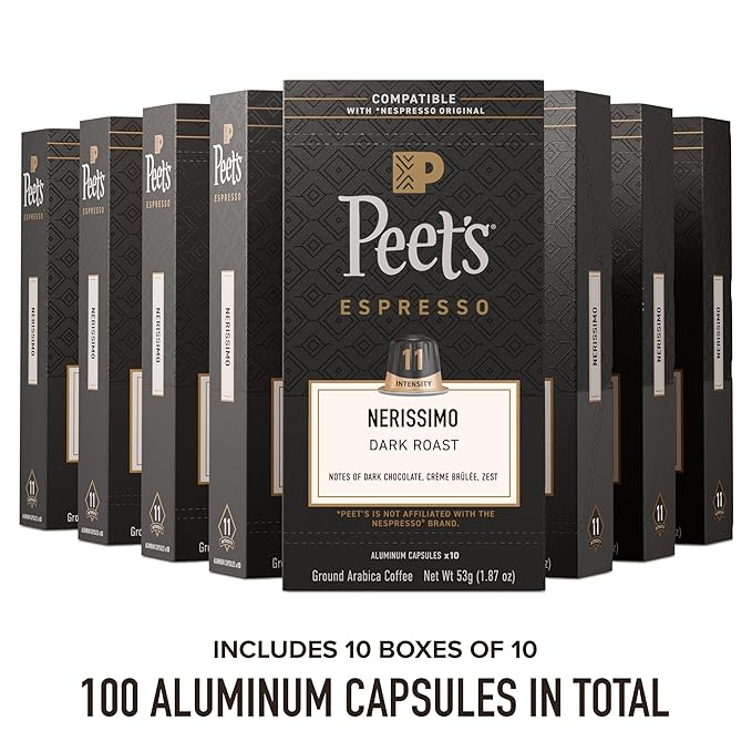Peet's Coffee Dark Roast Espresso Capsules Compatible with Nespresso Original Machine 100% Arabica Coffee - Nerissimo Intensity 11 100 Count (10 Boxes of 10 Espresso Capsules)