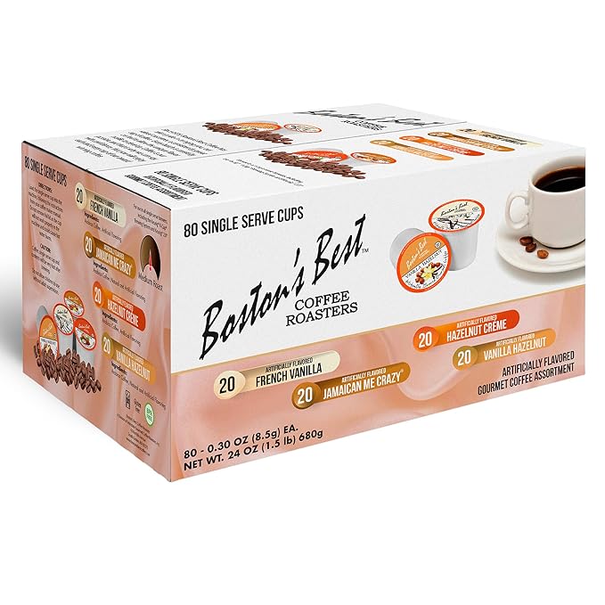 Boston’s Best Coffee Roasters Single Serve Cups - Assorted Coffee Pods – French Vanilla Jamaican Me Crazy Hazelnut Crème &amp Vanilla Hazelnut – 80 Ct