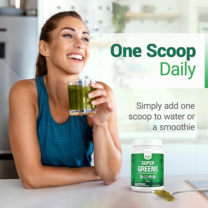 Nested Naturals Super Greens Daily Superfood Powder - Certified USDA Organic Green Powder w/20+ Whole Foods Spirulina Powder Wheat &amp Barley Grass - Probiotics Fiber &amp Enzymes - Original Fla
