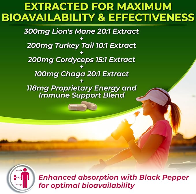 Organic Mushroom Complex: Lion's Mane Turkey Tail Cordyceps Chaga Contains Naturally Occurring Beta Glucans - Organic Energy &amp Immune Support Blend: Rhodiola Rosea Ginseng &amp Acerola Cherr