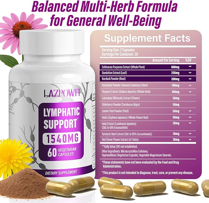 Lymphatic Drainage Supplements Lymph System Support Supplement for Women &amp Men with Dandelion Burdock EchinaceaRutin TurmericCleavers &amp More120 Capsules