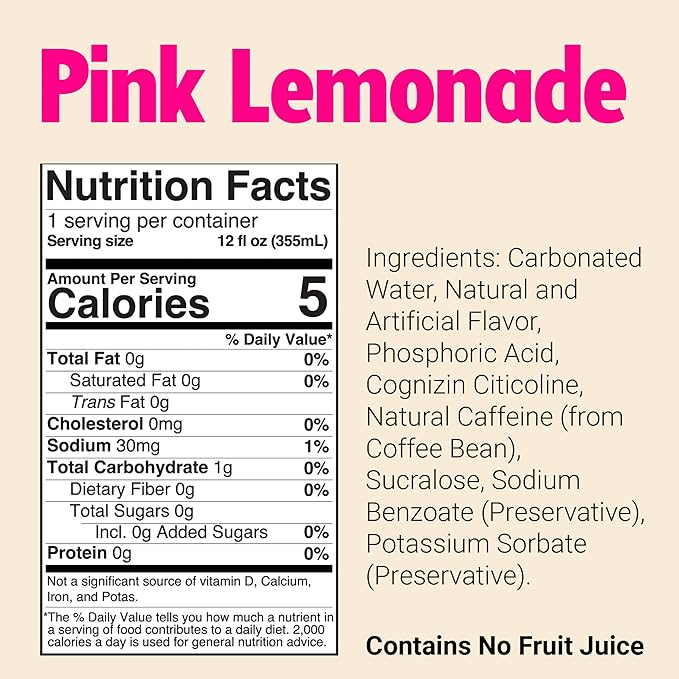 BUM Sugar-Free Energy Drink Pink Lemonade - Lightly Carbonated &amp No Artificial Colors Natural Caffeine &amp Citicoline for Energy &amp Focus Brain Boost &amp Workout Sports Beverage - 12 oz
