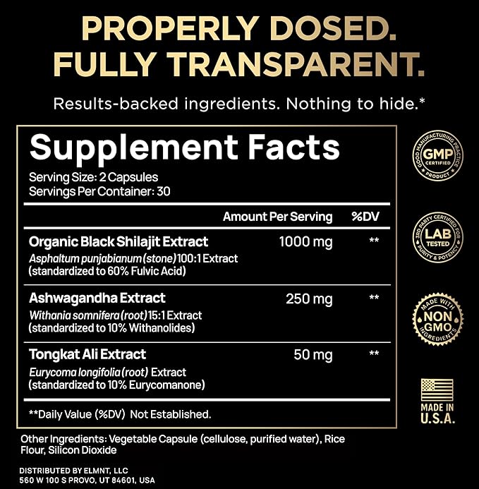 103800mg Black Shilajit for Men 100x Strength w. Ashwagandha &amp Tongkat Ali 10% Extract - Ultra Pure Himalayan Shilajit Capsules 60% Fulvic Acid - Male Enhancing Supplement Energy &amp Stamina Bo