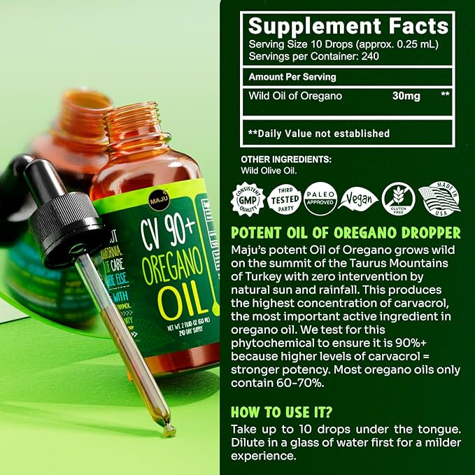 MAJU Oregano Oil Drops - Potent 90%+ Carvacrol (2 fl Oz) Wild Mediterranean Essential Oil of Oregano Liquid Aceite de Oregano Immune and Seasonal Support