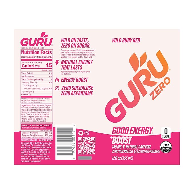 GURU ZERO SUGAR Wild Ruby Red Organic Energy Drinks Clean Energy Drink with Plant Based Natural Caffeine from Green Tea Coconut Water Prebiotic Zero Added sugars Gluten Free and Vegan Pre Workou