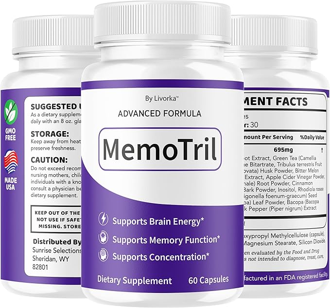 (5 Pack) Memotril Capsules - Official Memo Tril Advanced Brain Health Supplement Support Pills All Natural Formula Memotril Vitamins For Overall Health &amp Wellness Reviews 300 Capsules For 5 Mont
