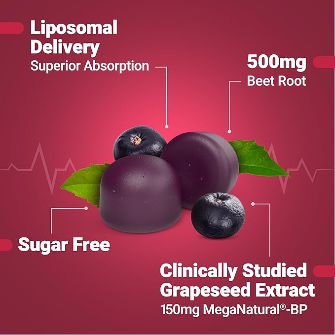 Force Factor Total Beets Gummies Blood Pressure Support Liposomal Beet Powder for Superior Absorption Grape Seed for Nitric Oxide Circulation &amp Heart Health Sugar Free Mixed Berry 60 Gummie