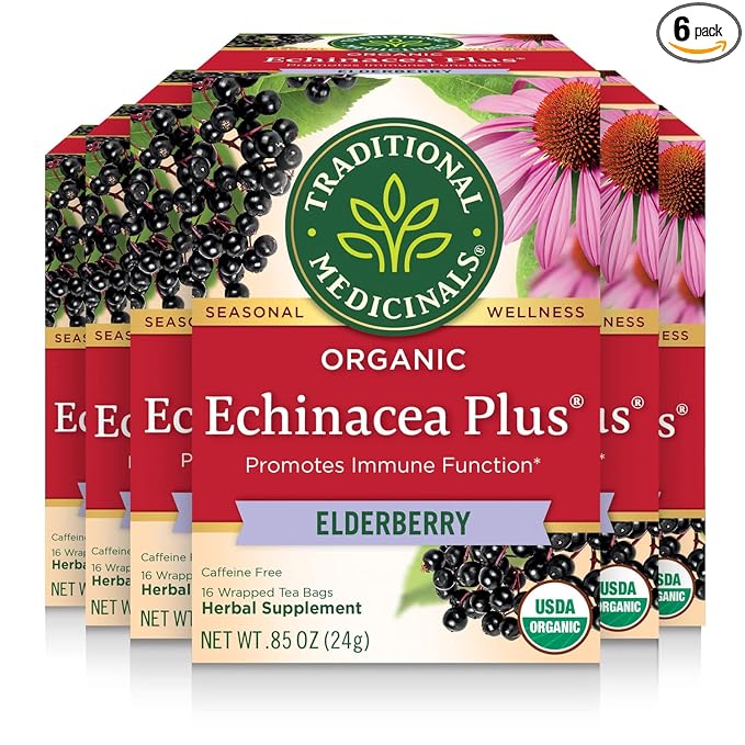 Traditional Medicinals Tea Organic Echinacea Plus Elderberry Boosts the Immune System 96 Tea Bags (6 Pack)