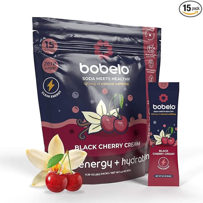 Bobelo Black Cherry Cream Energy Drink Powder Sugar Free Electrolytes with Guarana Caffeine 15 Count