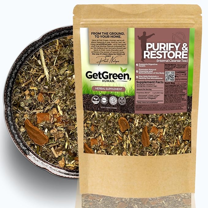 Gut Clean and Restore (Internal Cleanse) Loose Leaf Tea w/ Wormwood Cloves Ginger | Organic Herbal Tea | 2 oz (57 gram) | Decaf Vegan Healthy ZERO Caffeine Organic Herbs No Natural or Artifici