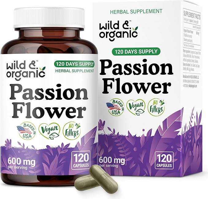 Wild &amp Organic Passion Flower Extract Capsules 600 mg - Relaxation &amp Mood Support - Passionflower Supplement - Passiflora Incarnata Herb - Vegan No Fillers Non-GMO - 120 Count