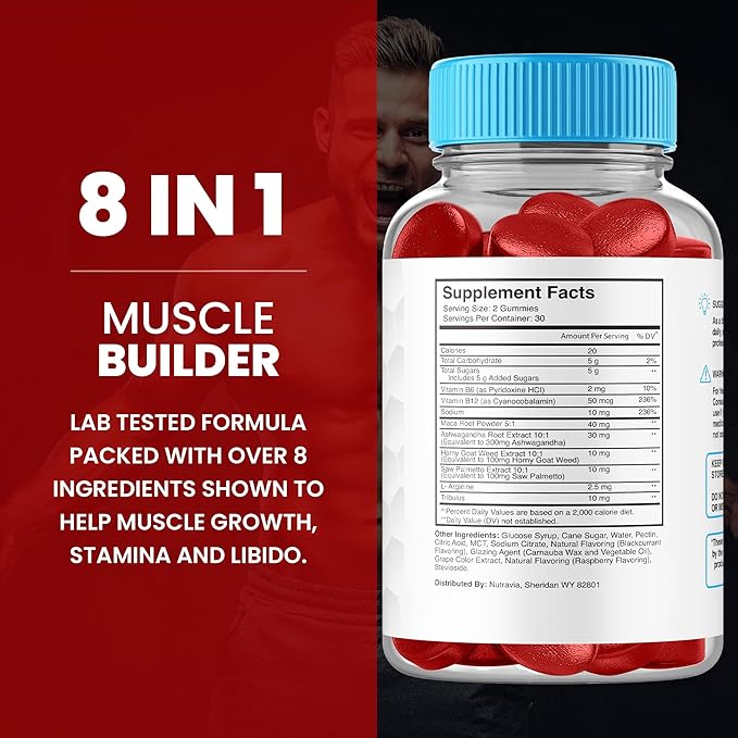 Male Enhancing Supplement Gummies - 6 in 1 Testosterone Booster Gummies for Men Stamina Test Boost Gummy for Men with Horny Goat Weed Tribulus Maca Root Boost Energy Performance (60 Gummies)