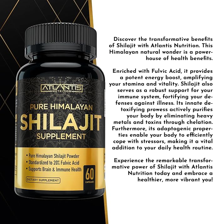 Atlantis Nutrition Himalayan Shilajit Capsules Formulated with 20% Fulvic Acid | 1000MG Per Serving — 10:1 Extract | USA Made | Himalayan Shilajit Supplement for Men &amp Women | 120 Capsules