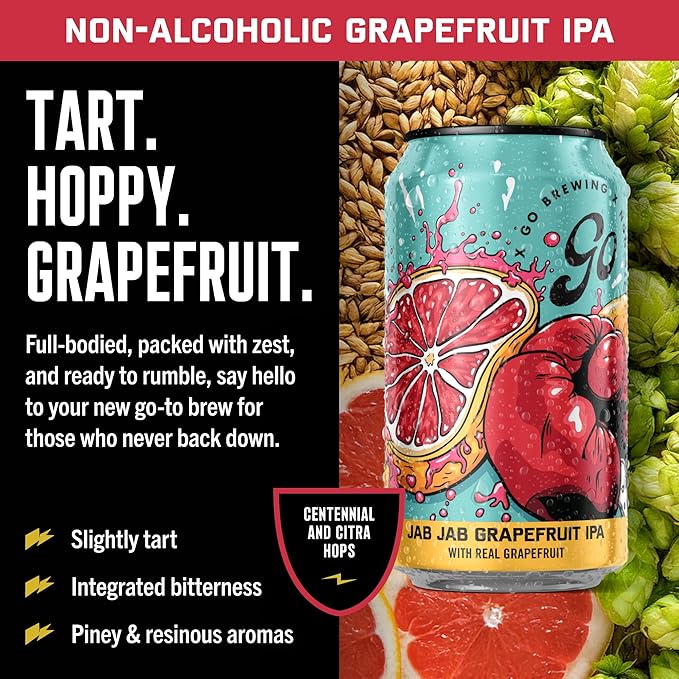 Go Brewing - Jab Jab Grapefruit IPA - Non-Alcoholic Craft Beer - Full-Bodied Low-Calorie Brew - Tart Hoppy Grapefruit Flavor Profile - Classic Ingredients - Ideal for Any Occasion (12 Oz 12 Cans)