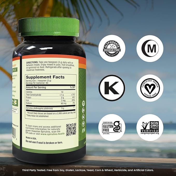 Nutrex Hawaii Pure Hawaiian Spirulina Powder - Vegan Superfood Farm Grown Non-GMO Immune Support &amp Cellular Energy 90 Day Supply 9.53 Oz