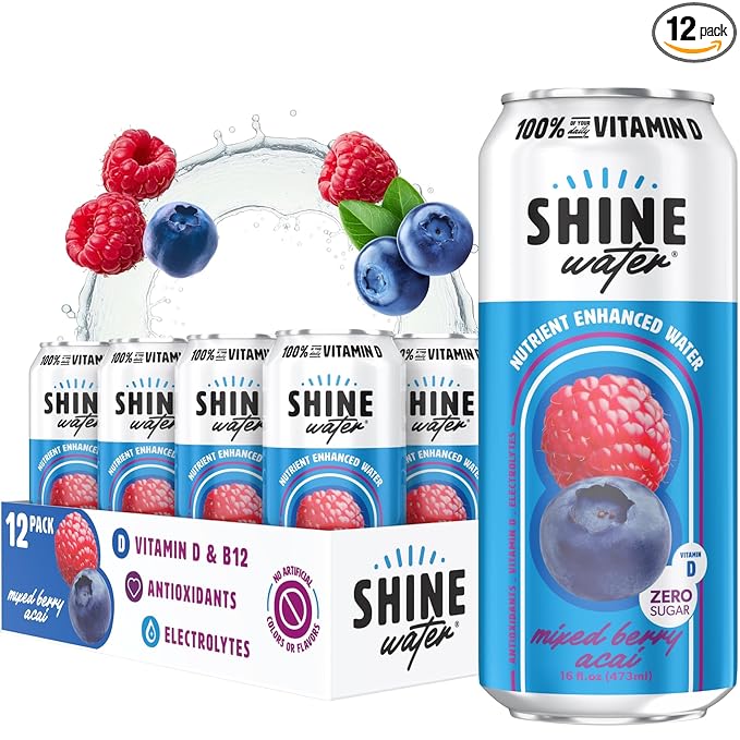 Shine Water Mixed Berry Acai Vitamin D Electrolyte Drink | Zero Sugar Hydration Beverage with Magnesium Zinc &amp Antioxidants | Low Calorie Plant-Based Vitamin Water | 12 Pack