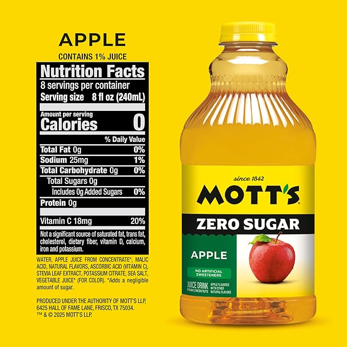 Mott's Zero Sugar Apple Juice Drink 64 fl oz Bottle (Pack of 8) Apple Flavor Excellent Source of Vitamin C