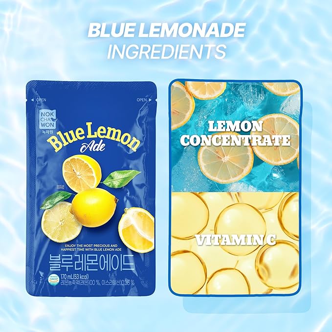 [Nokchawon] Blue Lemonade Drink Pouch (10 Pack) - Ready to Serve Fruit Juice for Ice Cups - Refreshing Korean Pouch Drink for Spring Break Picnics and Cocktail Mixers - 6.42 fl oz