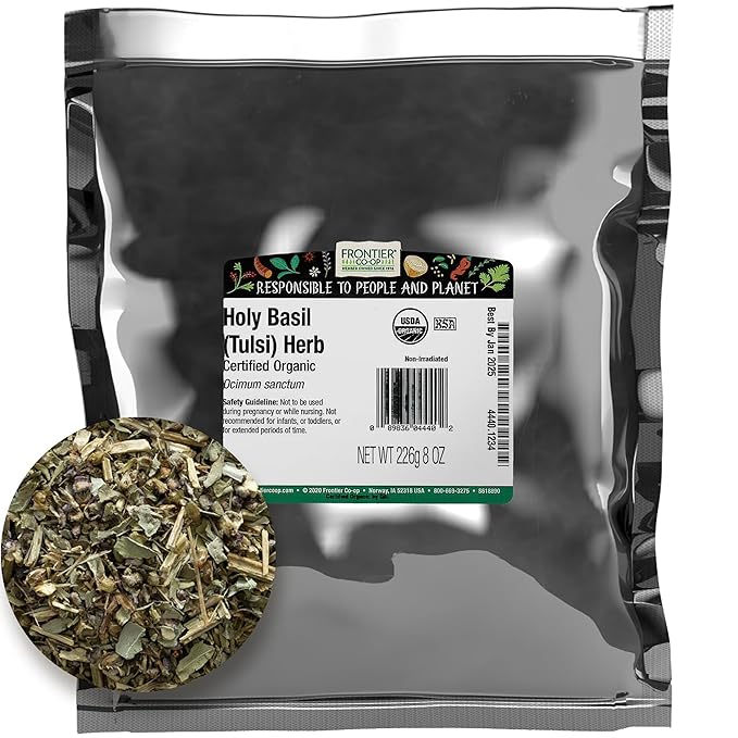 Frontier Co-op Organic Tulsi Holy Basil Herb 8oz Bulk Bag - Highly Aromatic with Minty Flavor - Perfect for Cooking Tulsi Tea and Herbal Uses Kosher