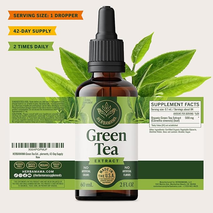 HERBAMAMA Green Tea Extract Drops - Vegan Antioxidant &amp Overall Support with Camellia Sinensis Extract Tincture - Non-GMO Alcohol &amp Sugar-Free Natural Green Tea Supplements 42-Day Supply