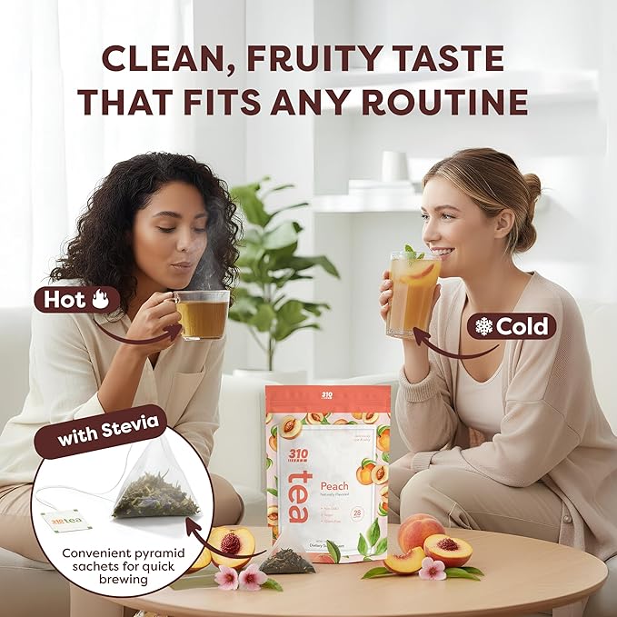 310 Nutrition Peach Flavor Detox Tea – Herbal Tea Sachets for Daily Routine – Green Tea Oolong Blend with Rooibos Yerba Mate – Fruity Herbal Tea Without Sugar Stevia-Sweetened – Pyramid Tea Bags Peac
