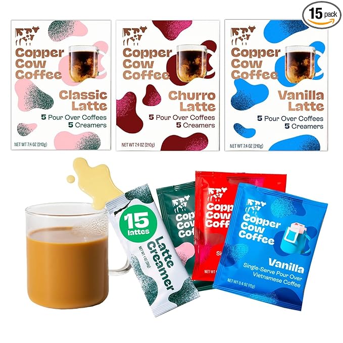 Copper Cow Vietnamese Coffee Variety Pack (15 Coffees &amp 15 Creamers)| Classic Churro &amp Vanilla Latte | Pour Over Single-Serve Lattes No Refrigeration Needed Travel Friendly Ground Coffee