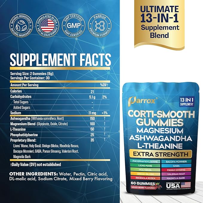 Corti-Smooth Cortisol Support Gummies with Magnesium L-Theanine Ashwagandha Phosphatidylserine Bacopa Monnieri Lions Mane Ginkgo Biloba Valerian Root (Mixed Berry Flavor - 3 Pack)