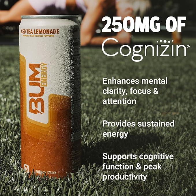 BUM Sugar-Free Energy Drink Iced Tea Lemonade - No Artificial Colors Natural Caffeine &amp Citicoline for Energy &amp Focus Brain Boost &amp Workout Sports Beverage - 12 oz Pack of 12