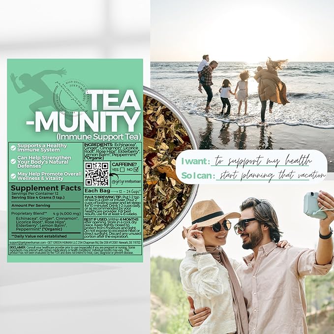 Healthy Immunity and Defense Loose Leaf Tea w/ Echinacea Elderberry Lemon Balm | Organic Herbal Tea | 2 oz (57 gram) | Decaf Vegan Healthy ZERO Caffeine Organic Herbs No Natural or Artificial