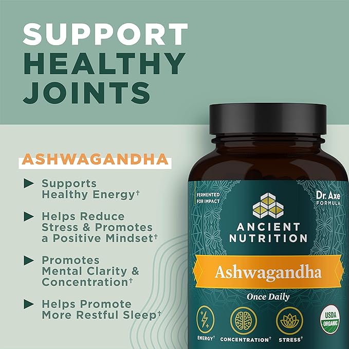 Ancient Nutrition Ashwagandha Tablets Stress Relief Supports Energy Mental Clarity and Concentration Reduces Fatigue and Anxiousness Paleo and Keto Friendly 30 Capsules